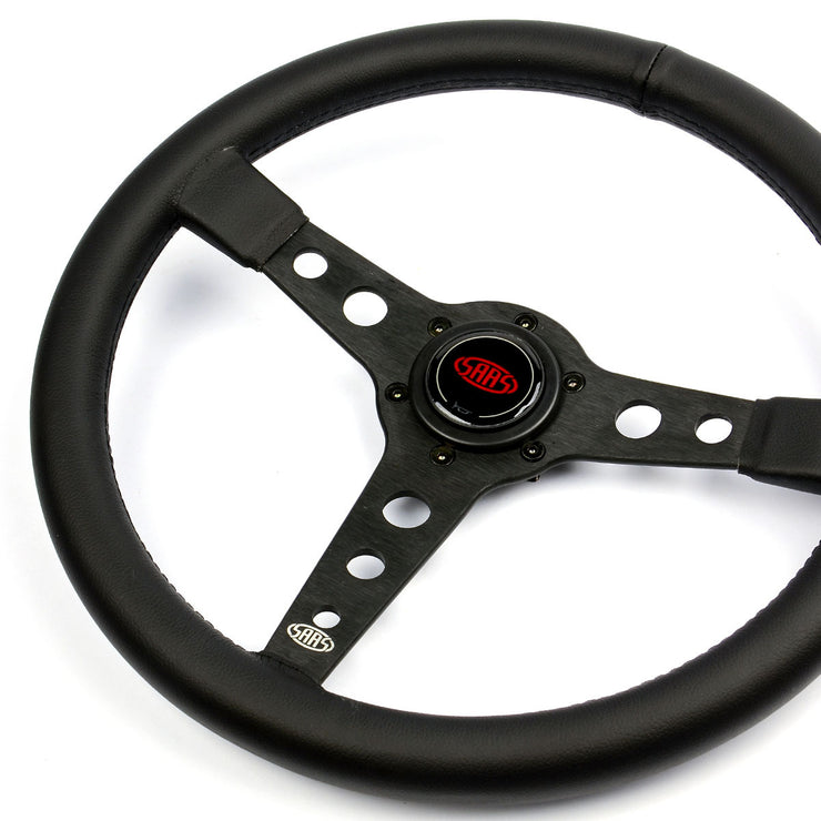 Steering Wheel Leatherette 14" Retro Black Spoke Black Stitching