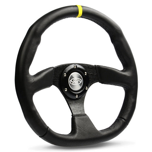 Steering Wheel Leather 14" Black Flat Bottom + Indicator