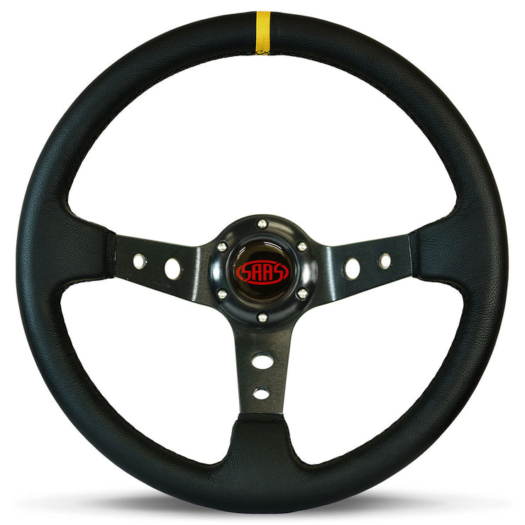 Steering Wheel Leather 14" Gt Deep Dish Black With Holes + Indicator