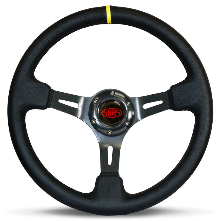 Steering Wheel Leather 14" Deep Dish Black Slotted + Indicator