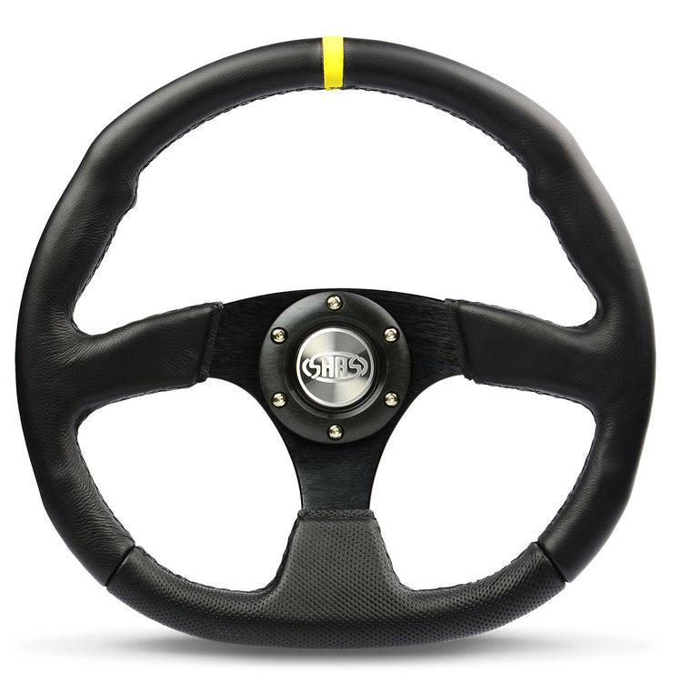 Steering Wheel Leather 14" Black Flat Bottom + Indicator