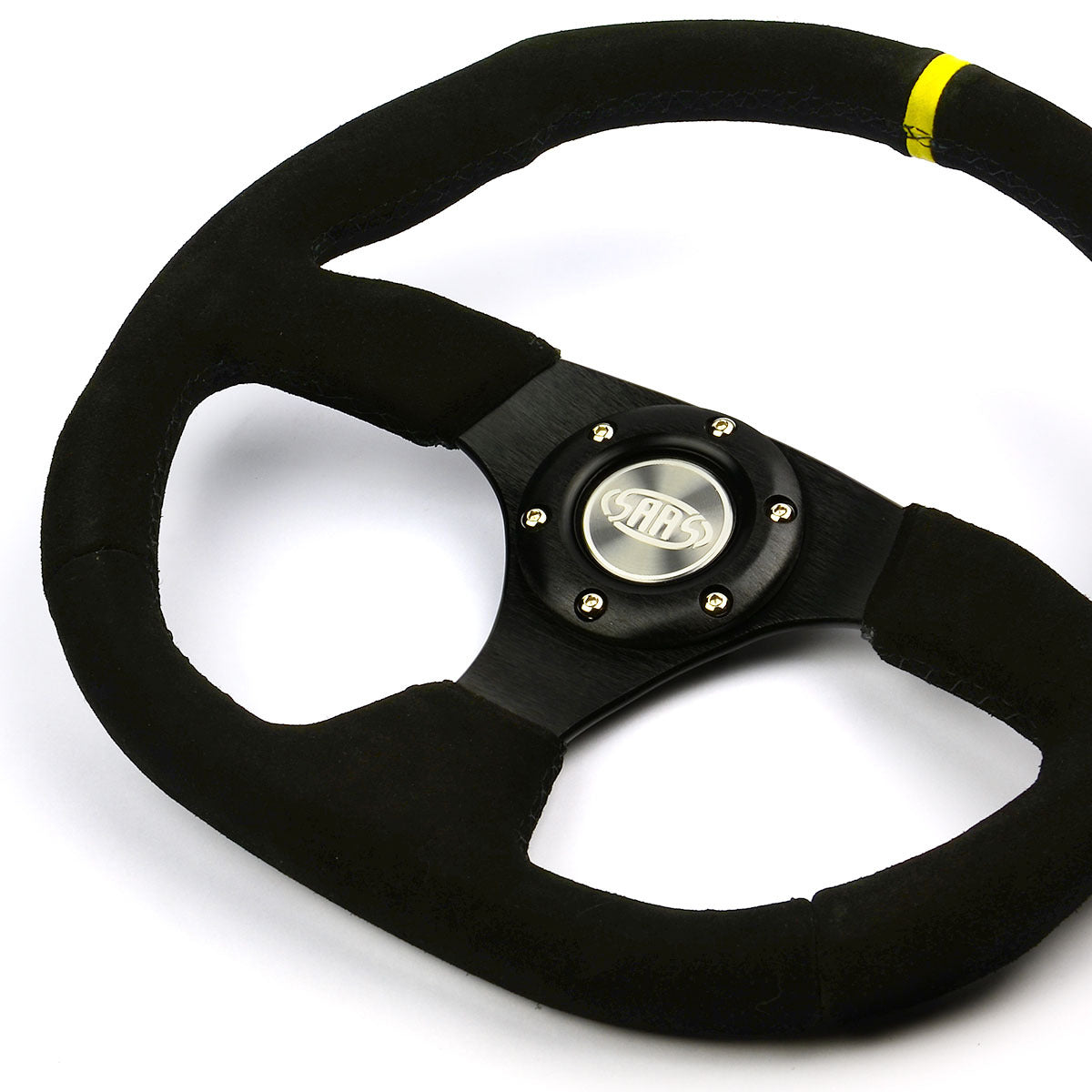 SAAS D1-SWB-FS2 350mm D-Shaped Steering Wheel – Black Suede With Yellow Band