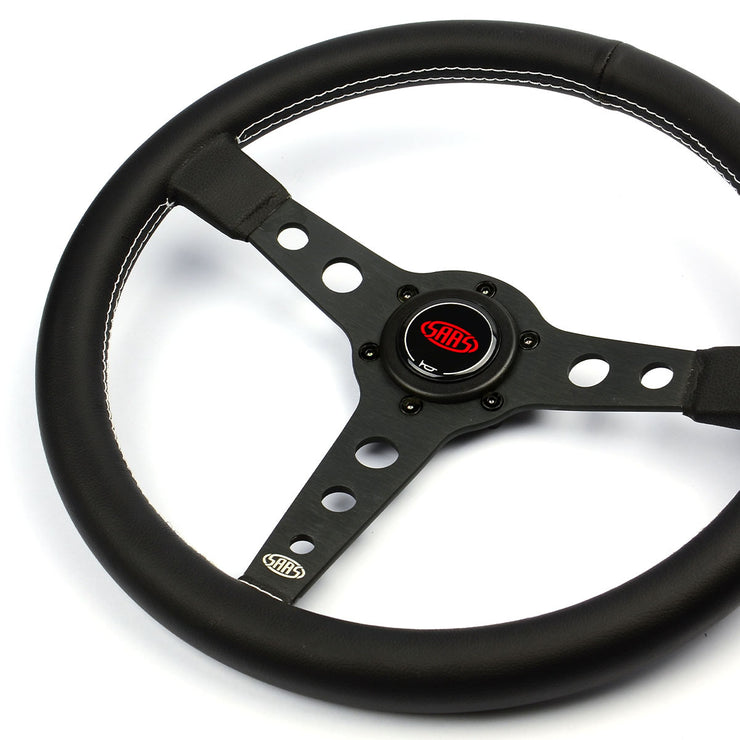 Steering Wheel Leatherette 14" Retro Black Spoke White Stitching