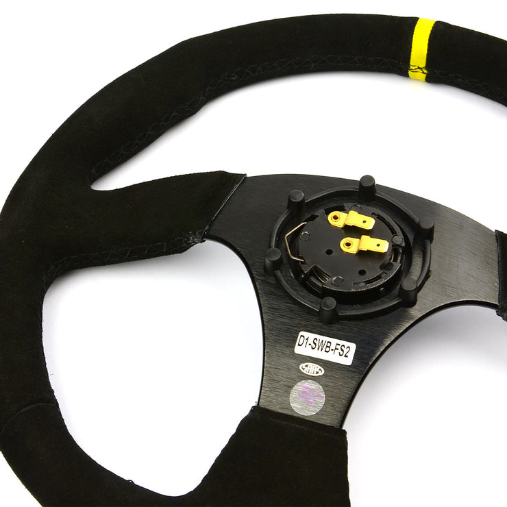 Steering Wheel Suede 14" Black Flat Bottom + Indicator