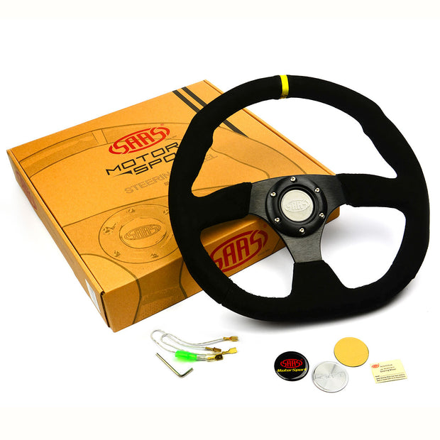 Steering Wheel Suede 14" Black Flat Bottom + Indicator