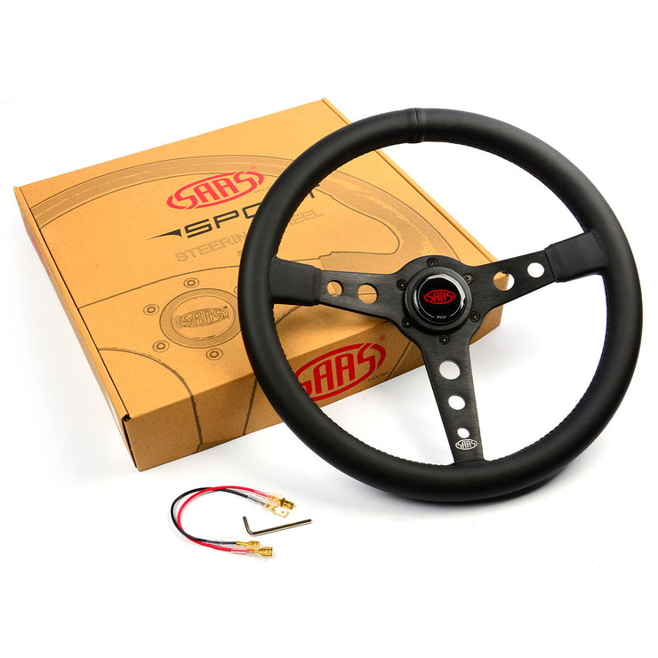 Steering Wheel Leatherette 14" Retro Black Spoke Black Stitching