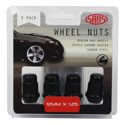 Wheel Nuts Acorn Bulge 12 x 1.25 Black 35mm 5Pk