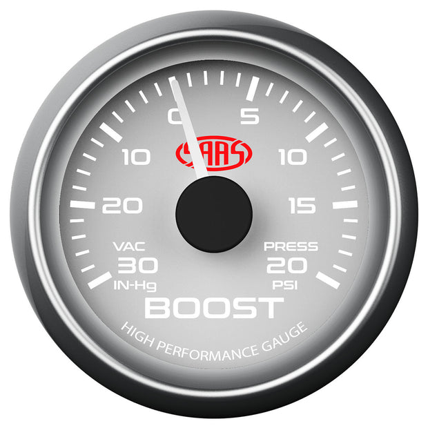 Boost Gauge 30inHG-20psi 52mm White Muscle Series